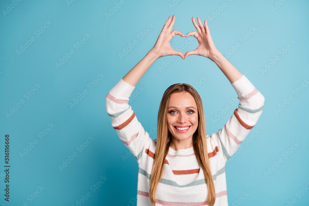 Photo of cheerful positive pretty nice gorgeous woman showing heart shape sign smile toothy beaming isolated pastel color background - obrazy, fototapety, plakaty 