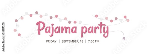 Pajama party horizontal banner template with pink garland and textual event announcement.