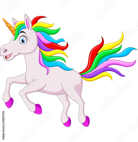 Cartoon funny rainbow unicorn horse jumping