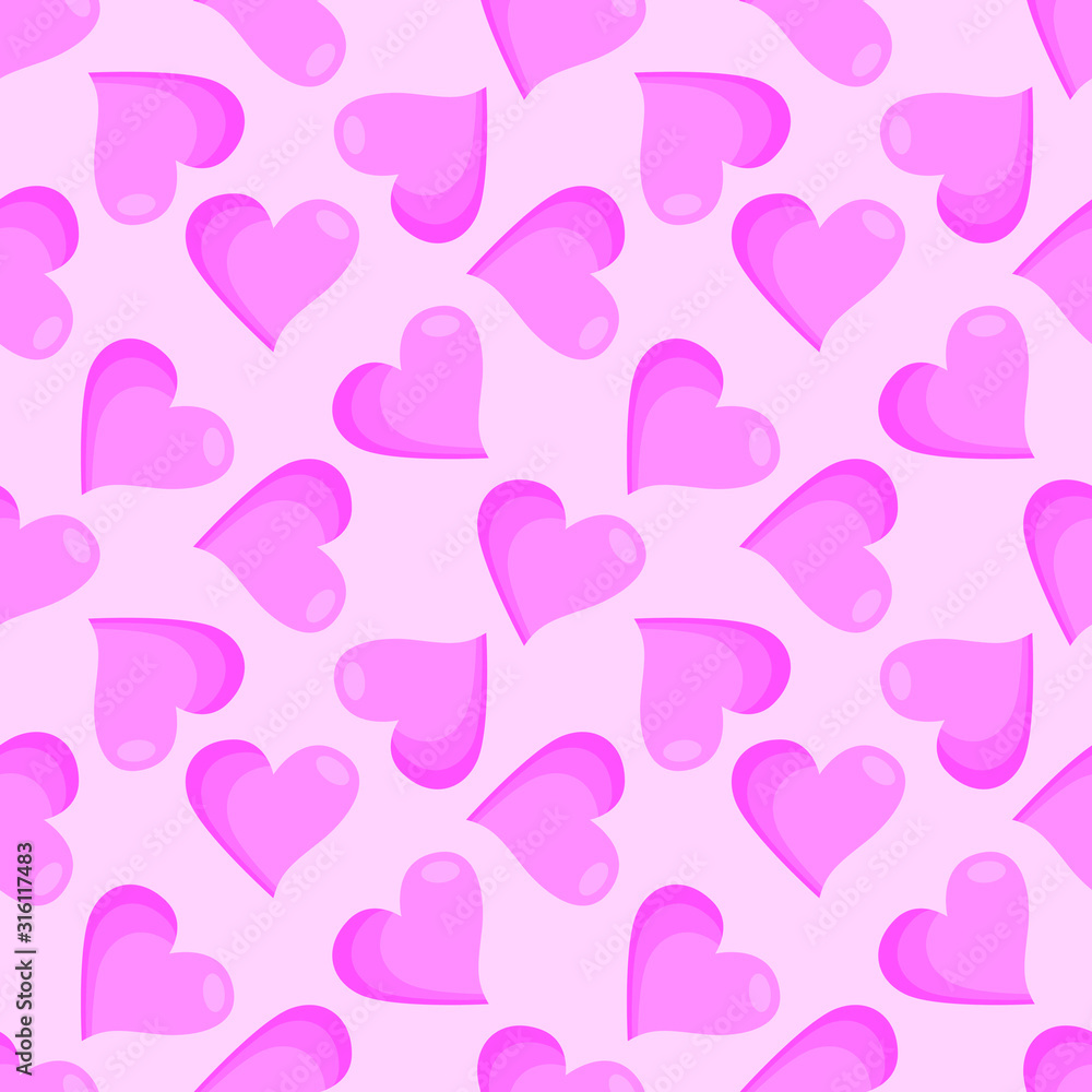 Vector seamless pattern with pink hearts on light pink background; romantic design for fabric, wallpaper, wrapping paper, textile, web design.