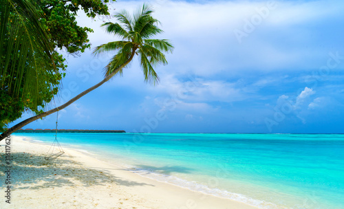 Fototapeta Naklejka Na Ścianę i Meble -  Shadows of palm trees on the sandy seashore of tropical paradise