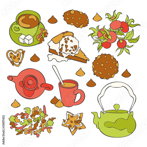 Tea print: teapot, tea cup, pastries: cookies, pie. Chocolate candies. Rosehip berries and tea leaves. Set. Isolated vector objects on a white background. Cartoon drawing.