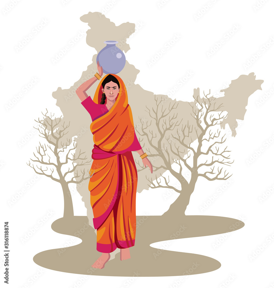 indian woman carrying water on head with india map, drought condition vector indian woman carrying water on head with india map, drought condition vector