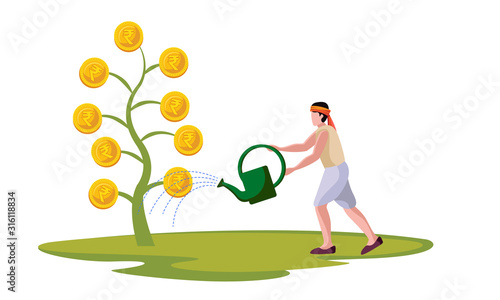 indian farmer watering to cash crop, economy vector