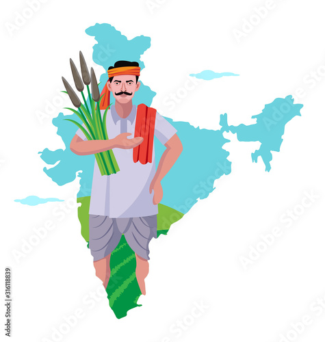 indian farmer with india map vector