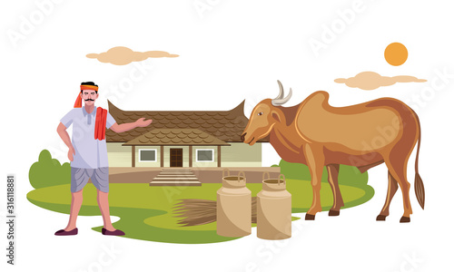 indian farmer, milkman with indian cow in front of rural house vector