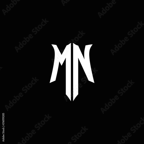 MN monogram letter logo ribbon with shield style isolated on black background