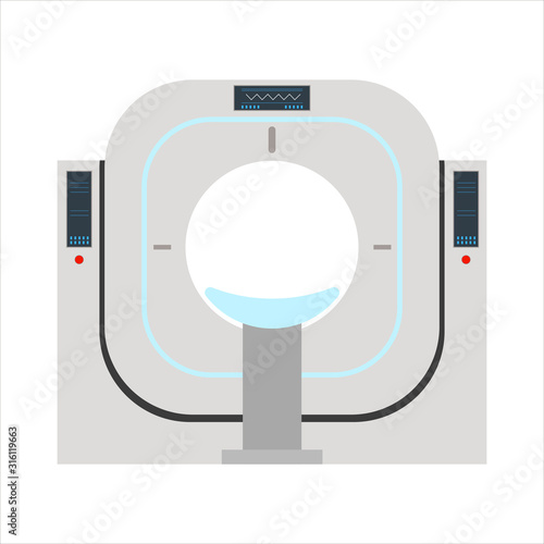 Computer tomograph for detecting internal damage isolated on a white background. MRI / CT scan. Magnetic resonance imaging. Diagnosis of cancerous tumors and brain damage. Front view. Vector.