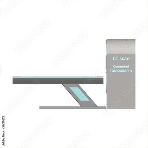 Computer tomograph isolated on a white background. MRI / CT scan. Magnetic resonance imaging for detecting internal damage. Diagnosis of cancerous tumors and brain damage. Right view. Vector.