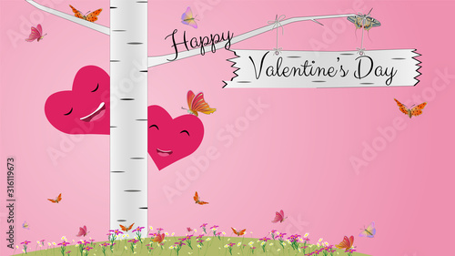 Greeting card for Valentine's Day with birch, flowers, butterflies and hearts in pink. Two smiling hearts in love peep out from behind a birch. Multi-colored butterflies fly. Vector.
