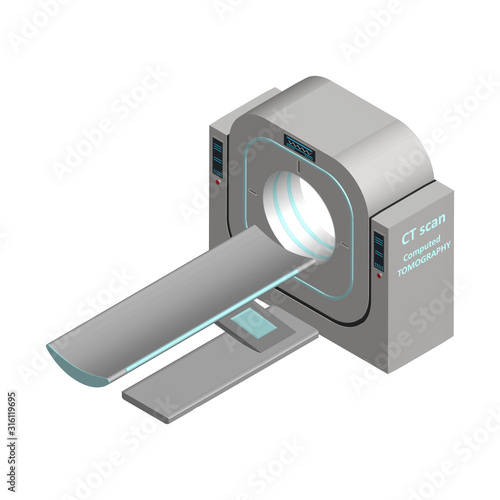 Isometric сomputer tomograph isolated on a white background. MRI / CT scan. Magnetic resonance imaging for detecting internal damage. Diagnosis of cancerous tumors and brain damage. Vector.