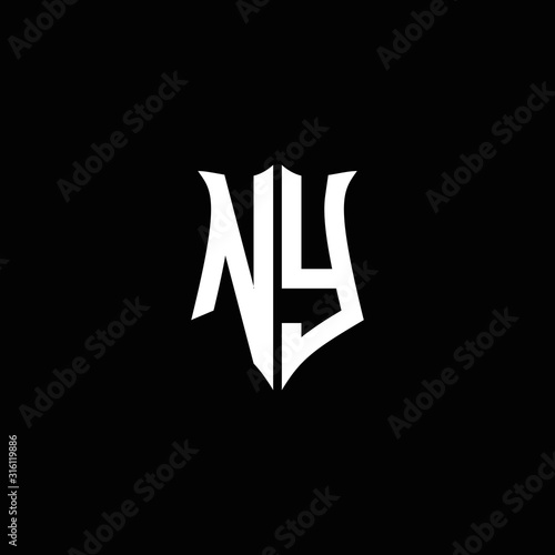 NY monogram letter logo ribbon with shield style isolated on black background