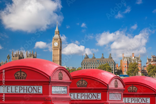 London symbols with BIG BEN and Red Phone Booths in England, UK