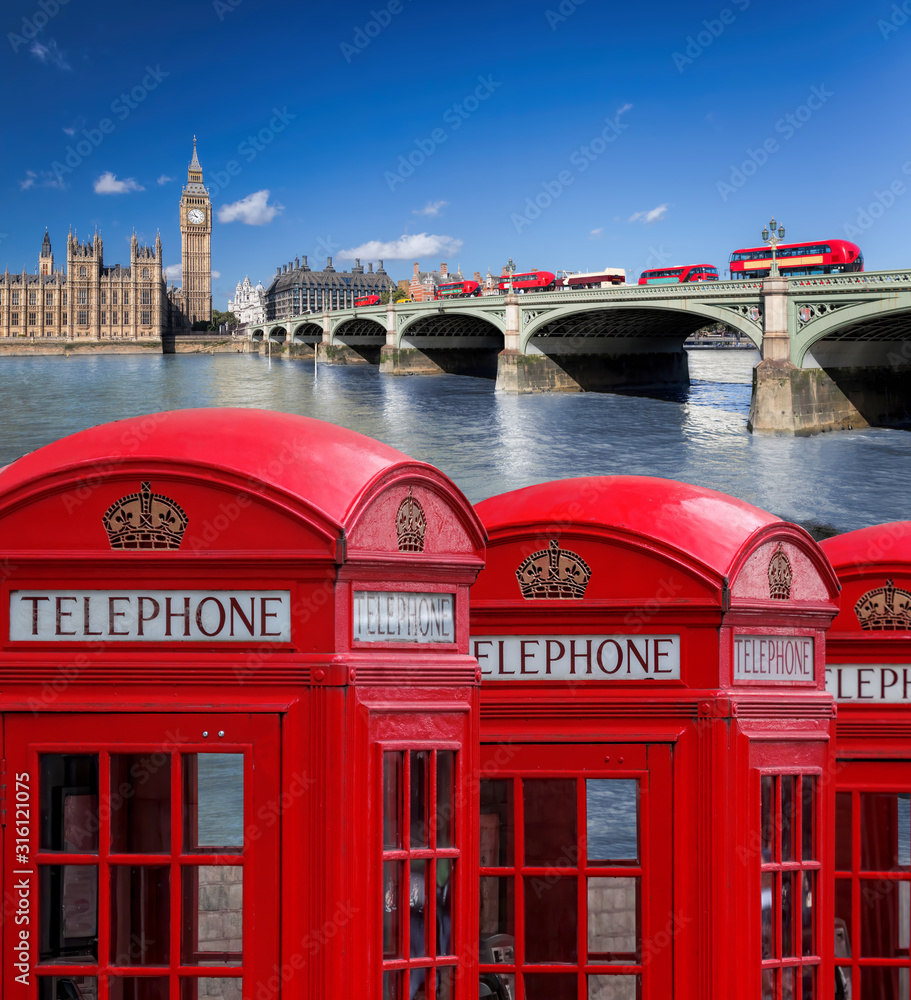 Fototapeta premium London symbols with BIG BEN, DOUBLE DECKER BUSES and Red Phone Booths in England, UK