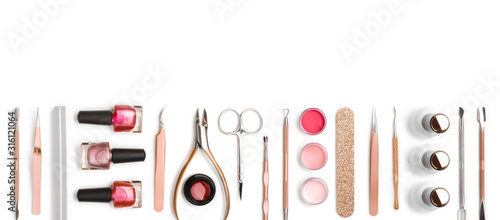 Top view of manicure and pedicure equipment on white background