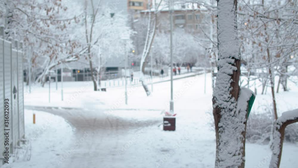City in the snow. Blurred people walking along the road, snowfall, houses and trees under the snow. City in the snow. Blurred people walking along the road, snowfall, houses and trees under the snow.