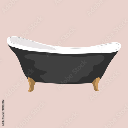 Black bathtub of vintage style with golden elements isolated on pink background. Stock vector illustration