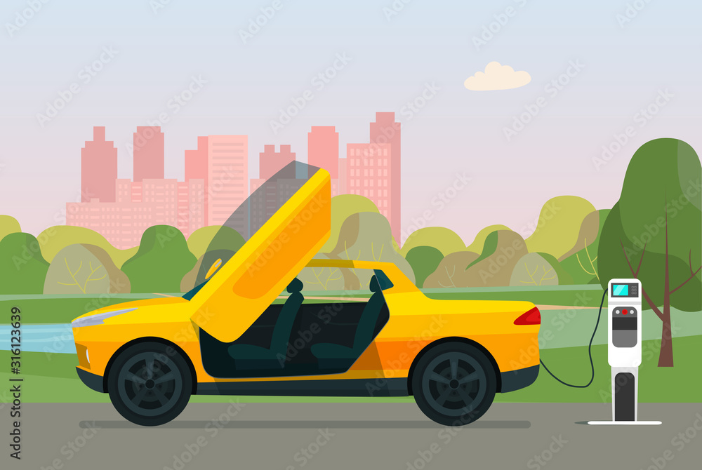 Electric pickup car car with open door in a city. Electric car is charging, side view. Vector flat style illustration.