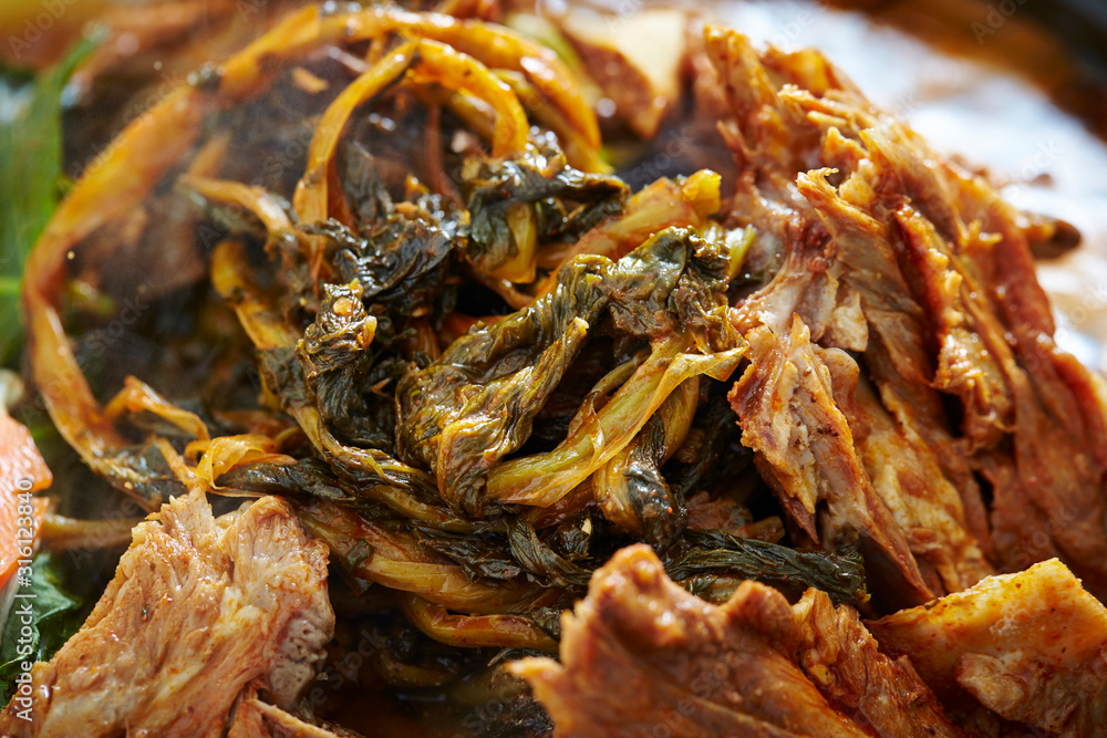 Korean spicy braised pork and leaf vegetable Korean spicy braised pork and leaf vegetable