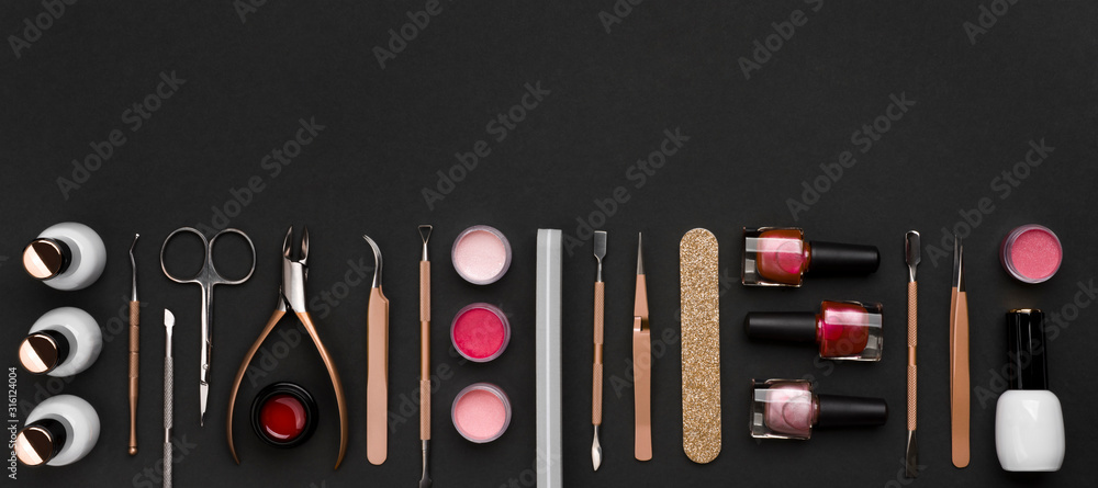 Above view of manicure and pedicure tools on black background - obrazy, fototapety, plakaty 