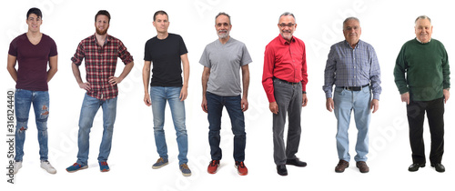 group of men aged twenty to eighty on white background