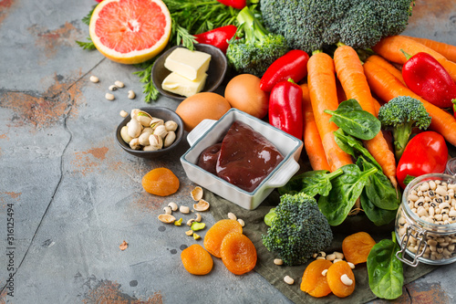 Assortment of diet food ingredients rich in vitamin a