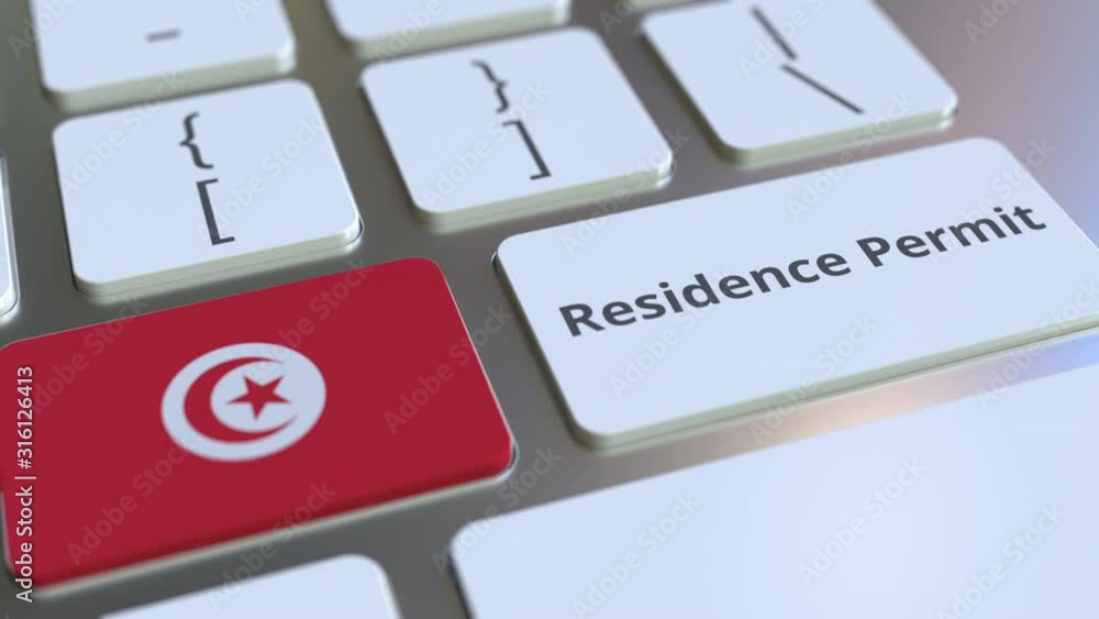 Residence Permit text and flag of Tunisia on the buttons on the computer keyboard. Immigration related conceptual 3D animation Residence Permit text and flag of Tunisia on the buttons on the computer keyboard. Immigration related conceptual 3D animation
