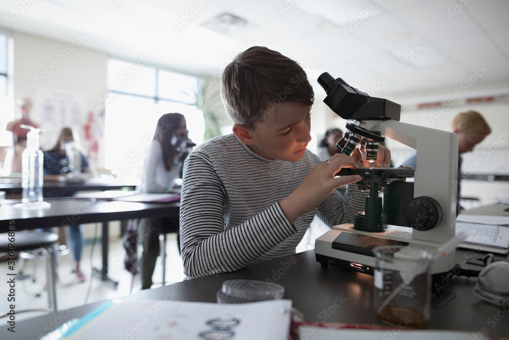 Boy middle school student using microscope, conducting scientific ...