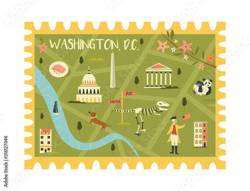 Postal stamp with Washington city map and symbols