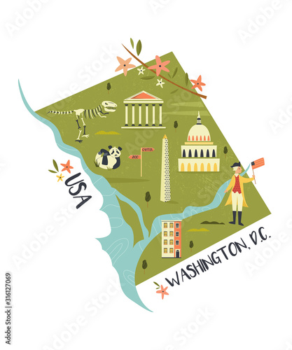 Washington illustrated map with landmarks and icon