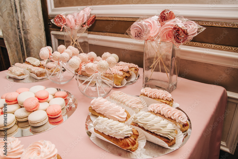 French pastry, eclair, macaroon, cupcakes, meringue, pop cake. 