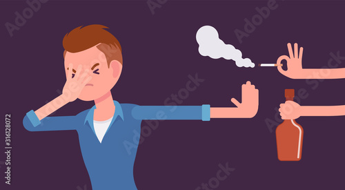 Bad habits refusal, boy against use of alcohol and smoking. Guy breaking or kicking, trying to get rid of drink and tobacco temptation, habit-control strategy. Vector flat style cartoon illustration