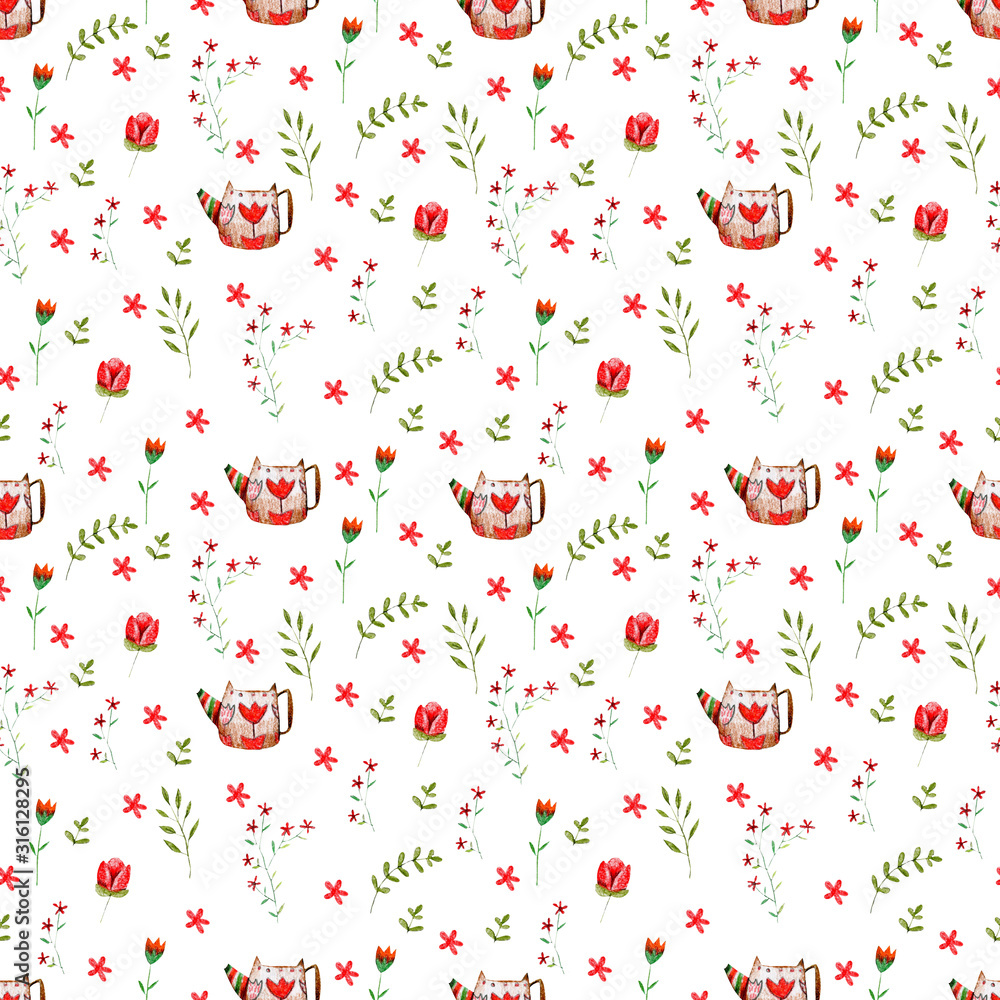 Red flowers pottery teapot illustration seamless pattern on a white background drawn with colored pencils Red flowers pottery teapot illustration seamless pattern on a white background drawn with colored pencils