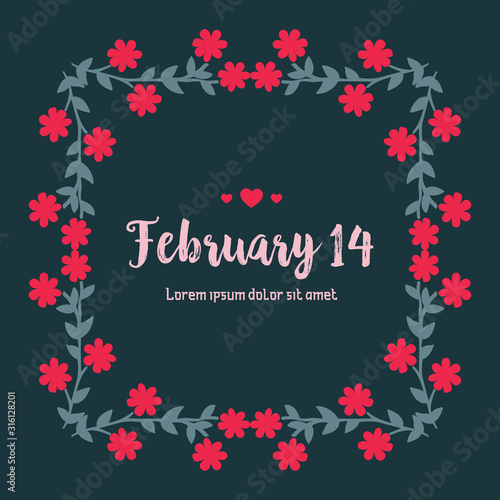 Template design for 14 February, with beautiful leaf and wreath frame design. Vector