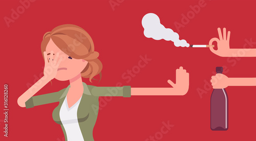 Bad habits refusal, girl against use of alcohol and smoking. Lady breaking or kicking, trying to get rid of drink and tobacco temptation, habit-control strategy. Vector flat style cartoon illustration