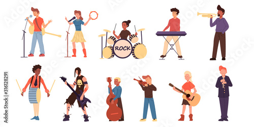 Cartoon teenage different musicians set. Isolated on white.