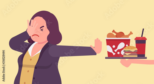 Junk fast food refusal, woman restricting herself. Saying no to cheap, tempting calories, dieting to lose weight, prevent and treat diseases, diabetes, obesity. Vector flat style cartoon illustration