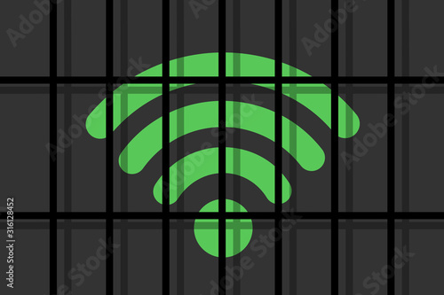Wi-fi signal is behind the bars - restriction and regulation of internet. Web, net and cyberspace are controlled, restricted and regulated by barrier, block, ban. Vector illustration