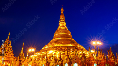 A beautiful night view over the most famous Shwedagon pagoda in Yangon, Myanmar