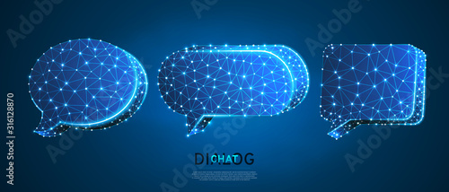 Dialogue, Chat clouds set. Wireframe, digital 3d vector illustration. Low poly technology, devices, people communication concept on blue neon background. Abstract polygonal Social Network symbol