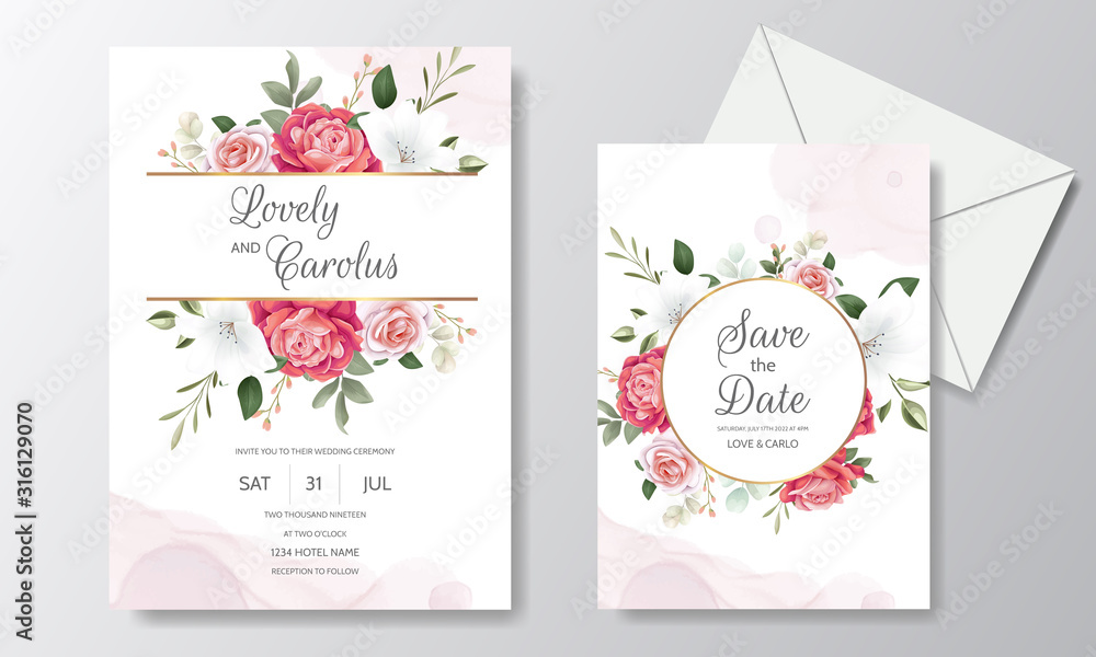 Obraz premium Beautiful Floral Wedding Invitation with Blooming Roses and Green Leaves