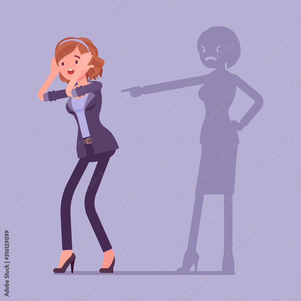 Self-blame emotions, guilt and self-disgust woman. Stressful situation or depression, emotional abuse, shame, worry, unhappiness, responsible for fault or wrong. Vector flat style cartoon illustration Self-blame emotions, guilt and self-disgust woman. Stressful situation or depression, emotional abuse, shame, worry, unhappiness, responsible for fault or wrong. Vector flat style cartoon illustration