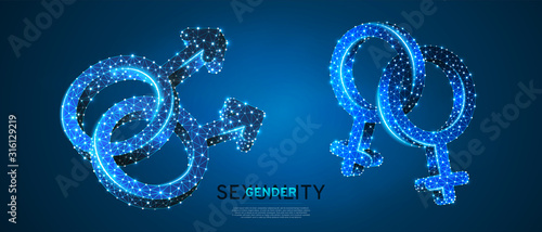Two Male Gay, two Female Lesbian gender symbol set. Wireframe, digital vector 3d illustration. Low poly, men and girl homosexuality concept on blue neon background. Abstract polygonal LGBT sign