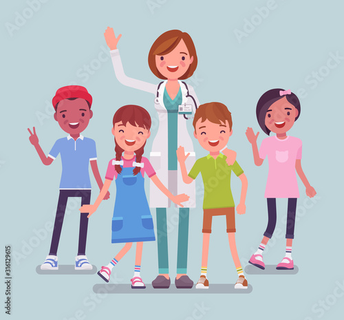 Female pediatrician doctor, medical practitioner for children. Professional physician, special training in kids care, to diagnose and treat childhood illnesses. Vector flat style cartoon illustration