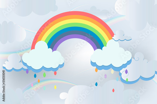 cloudscape  and rainbow ,sky background with rain,greeting card, poster, children's room decor, background