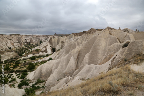 Unusual rocks of volcanic rock in the Sabel Valley (Kilichlar) near the village of Goreme in the Cappadocia region in Turkey.