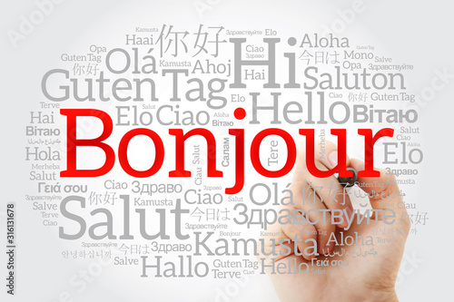 Fototapeta Naklejka Na Ścianę i Meble -  Bonjour (Hello Greeting in French) word cloud in different languages of the world with marker, background concept
