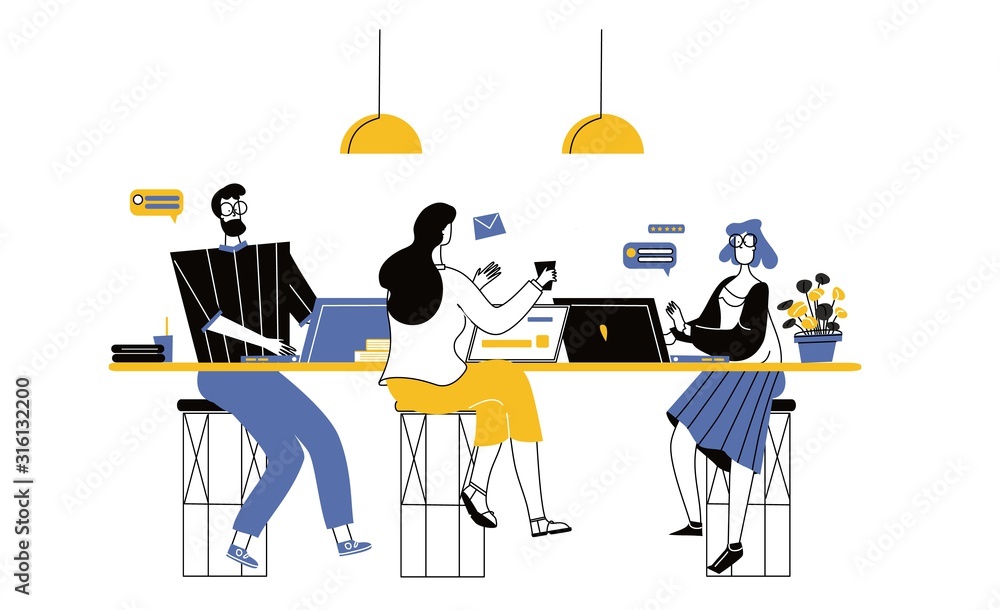 Coworking space with people sitting at the table. Male and female freelancers sitting at computers. Business team working together at the big desk using laptops. Colleagues in office flat vector illus