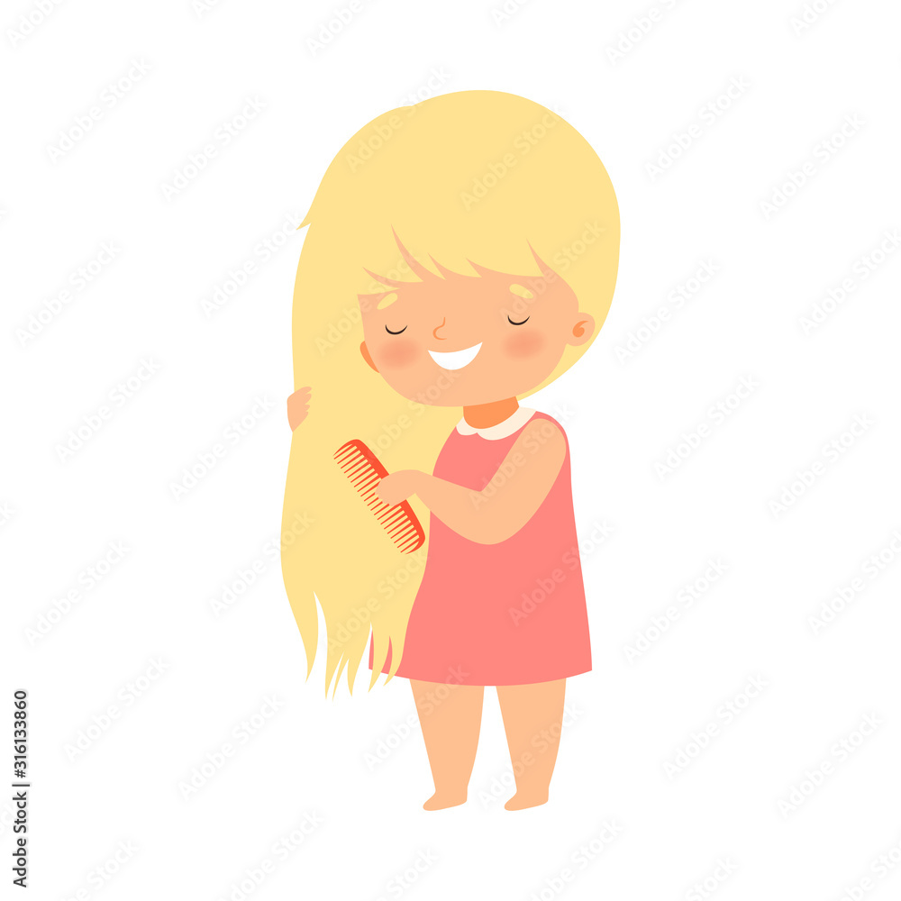 Little Girl Brushing Her Hair with Comb Vector Illustration Little Girl Brushing Her Hair with Comb Vector Illustration