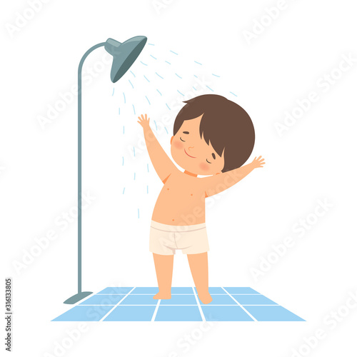 Little Boy Having Shower in Bathroom on His Own Vector Illustration
